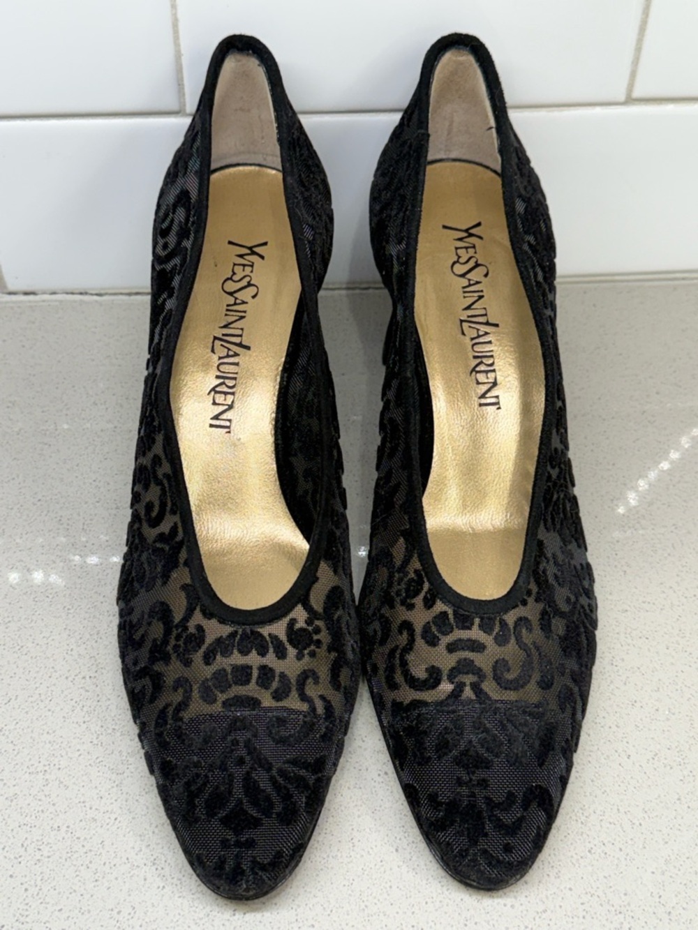 Yves Saint Laurent Black Velvet Embroidered Mesh Heels